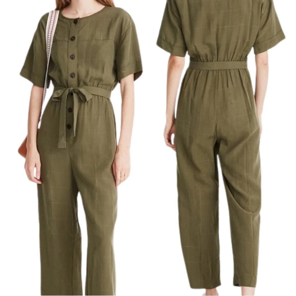 Madewell Pants - Madewell Olive Green Short Sleeved Belted Jumpsuit